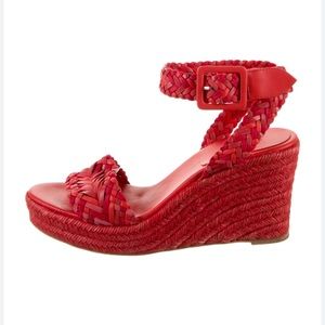 Hermes Red Braided Patent Leather Sofia Espadrille Wedges